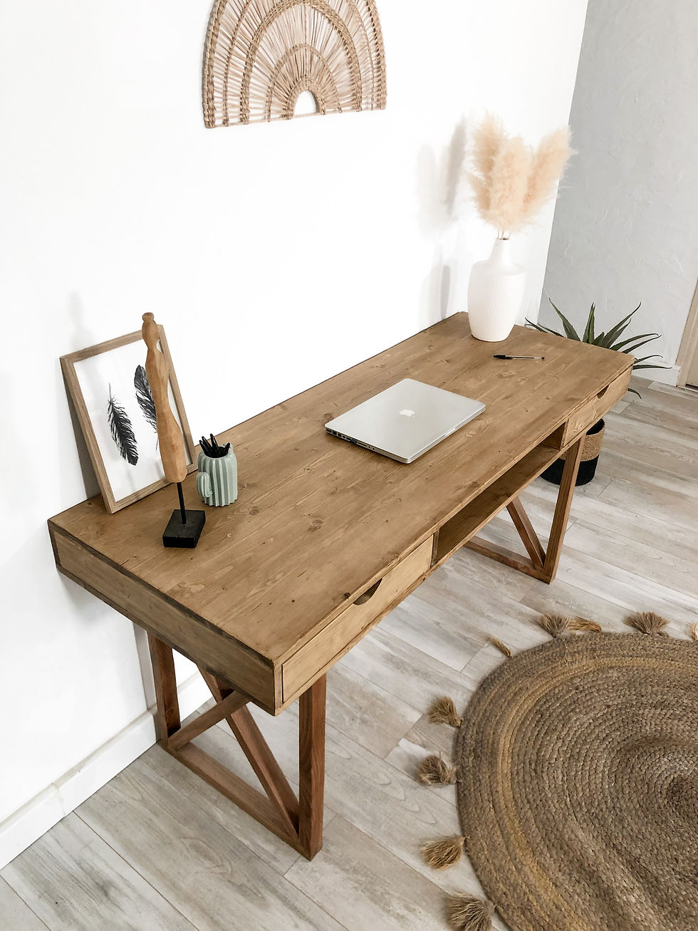 Miniature : Bureau bois massif pieds croisés 240 cm – Bureau minimaliste avec rangements avec tiroirs– Bureau artisanal