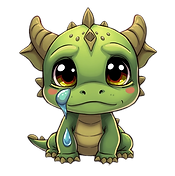 a image of a big-eyed sad green baby dragon, single tear rolling down hes cheak.png