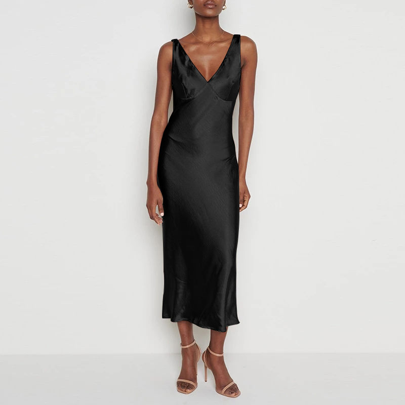Thumbnail: Women's Satin Maxi Dress – Elegant V-Neck Backless Evening Style