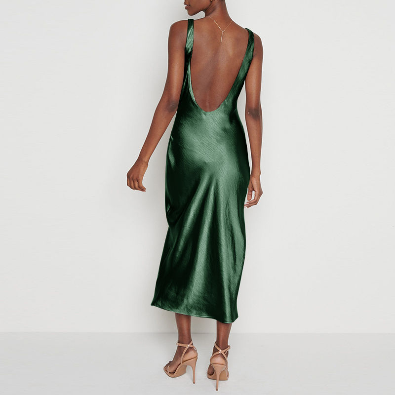 Thumbnail: Women's Satin Maxi Dress – Elegant V-Neck Backless Evening Style