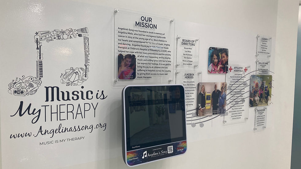 At the heart of our headquarters, a wall dedicated to Angelina’s Song stands as a tribute to the power of music.