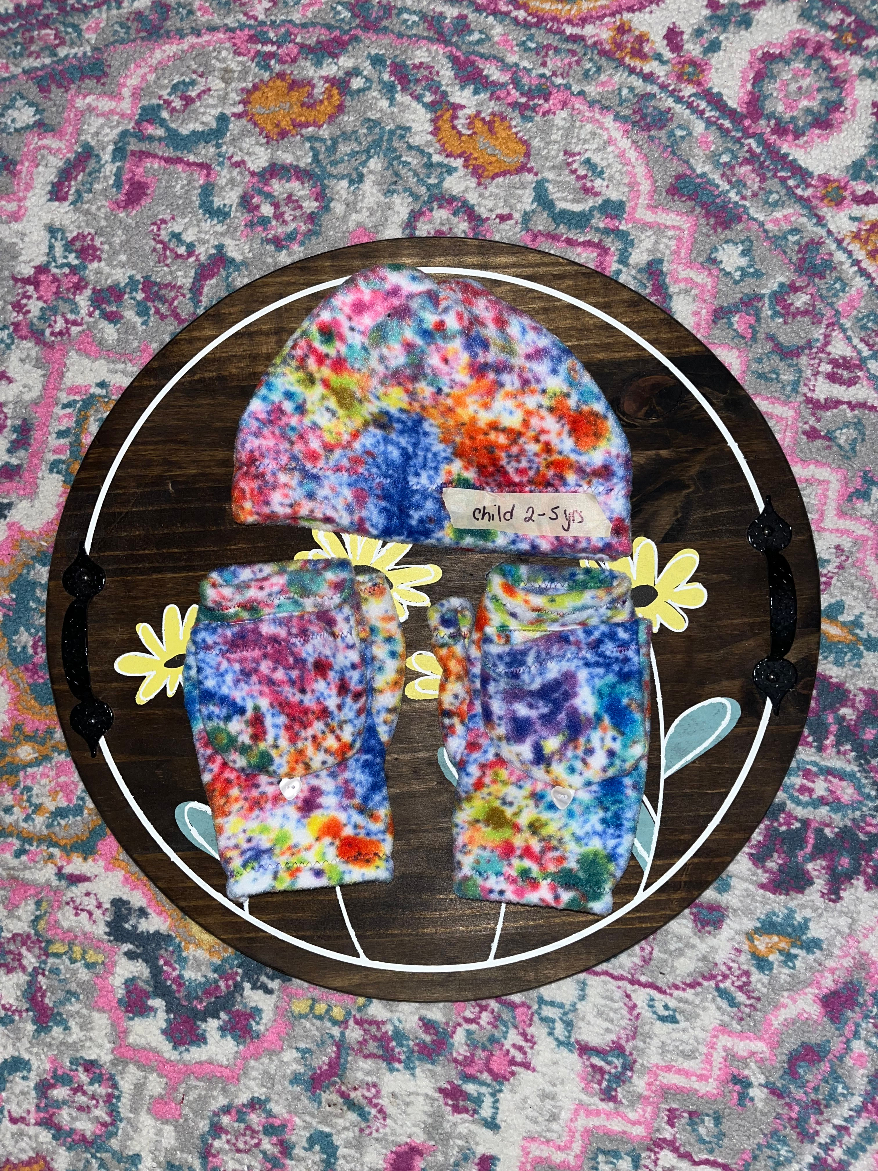 Multicolored Mittens and Hat Set