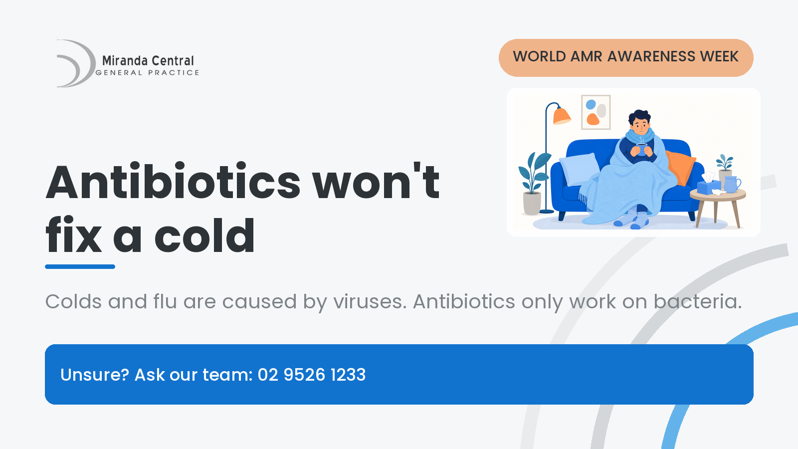 Illustration of a person resting on a sofa with a blanket and a cup of tea. Antibiotics won't fix a cold.