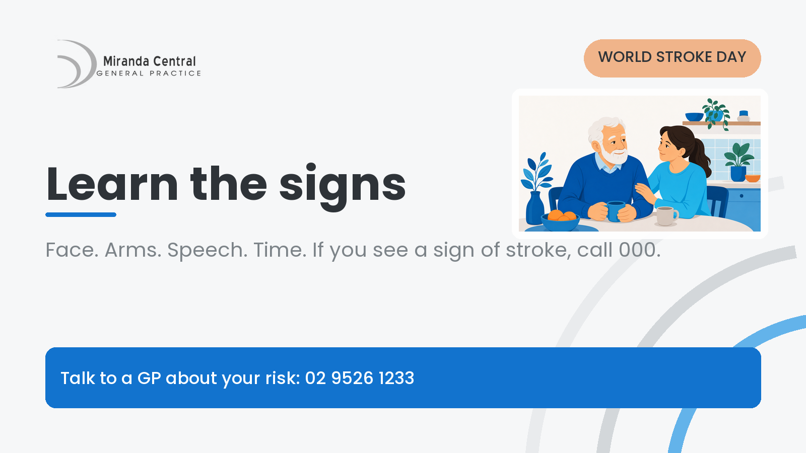 Illustration of an older man and a younger woman talking at a kitchen table. Learn the signs of stroke.