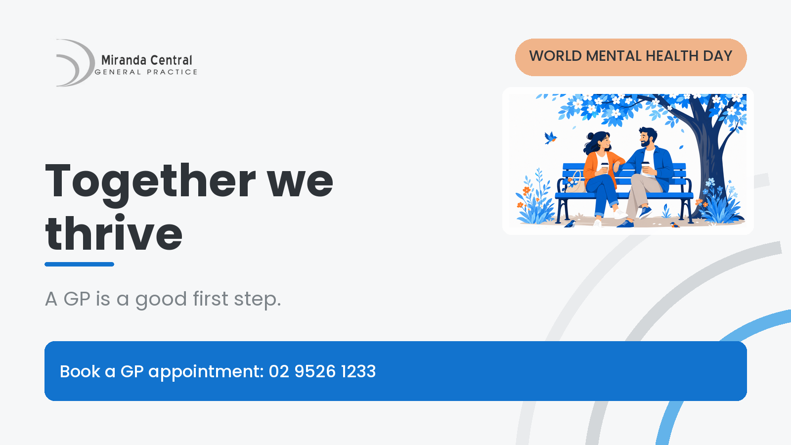 Illustration of two people chatting on a park bench under a tree. Together we thrive.