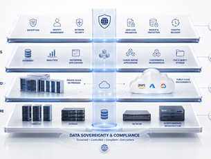 Enterprise data sovereignty framework illustrating how infrastructure, private and public cloud, applications, security, backup, and disaster recovery work together to protect regulated data.