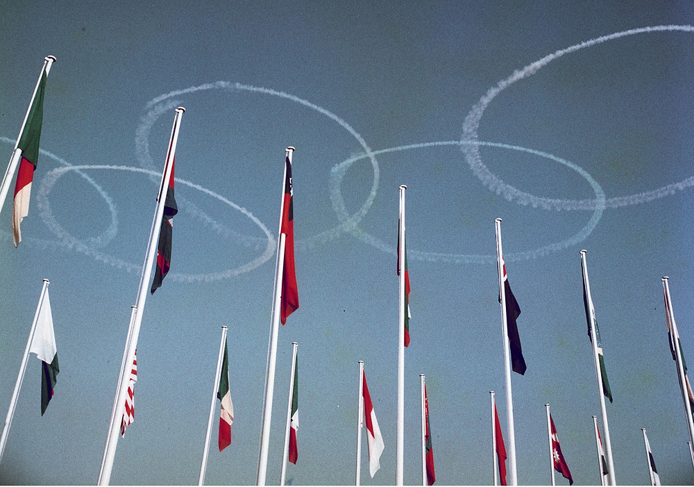 Olympic Rings in skywriting, Opening Ceremonies, Tokyo, 1964