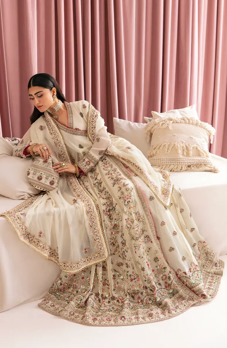 Pakistani Brand Fabiha Fatima's White Chiffon Anarkali Maxi with Trouser & Dupatta