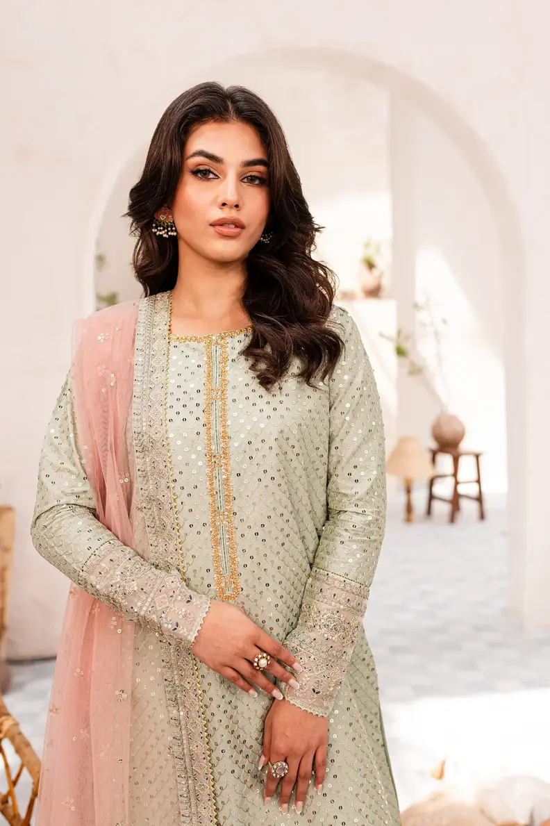 Pakistani Brand Batik's Sage Green Egyptian Cotton Outfit for Eid, Diwali, Karwa Chauth, Mehndi, Haldi, Party Wear