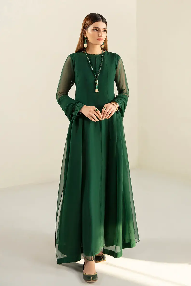 Pakistani Brand Baroque's Green Chiffon Maxi with Trouser & Heavily Embroidered Dupatta