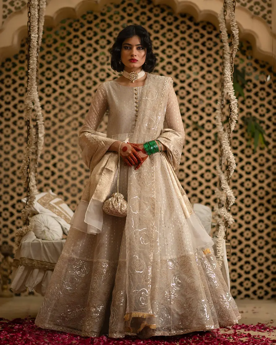 Pakistani Brand Tabassum's Ivory White Organza Embroidered Maxi with Dupatta