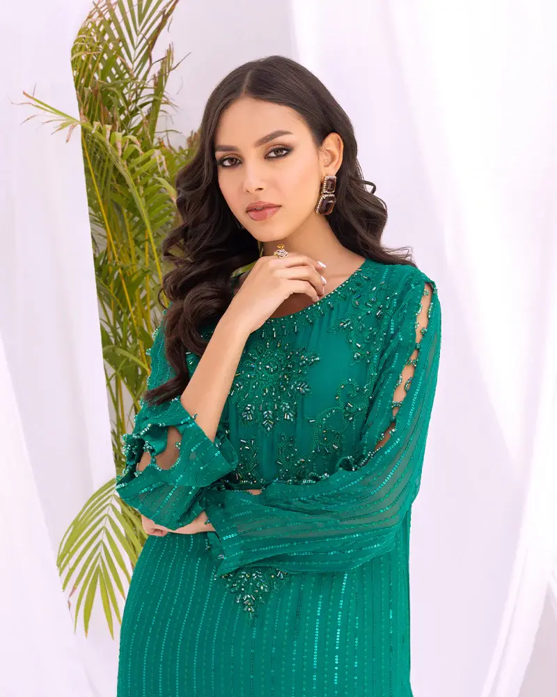 Pakistani Brand Ain's Green Embellished Chiffon Long Shirt Suit, Kurta Shalwar, Kurta Salwar