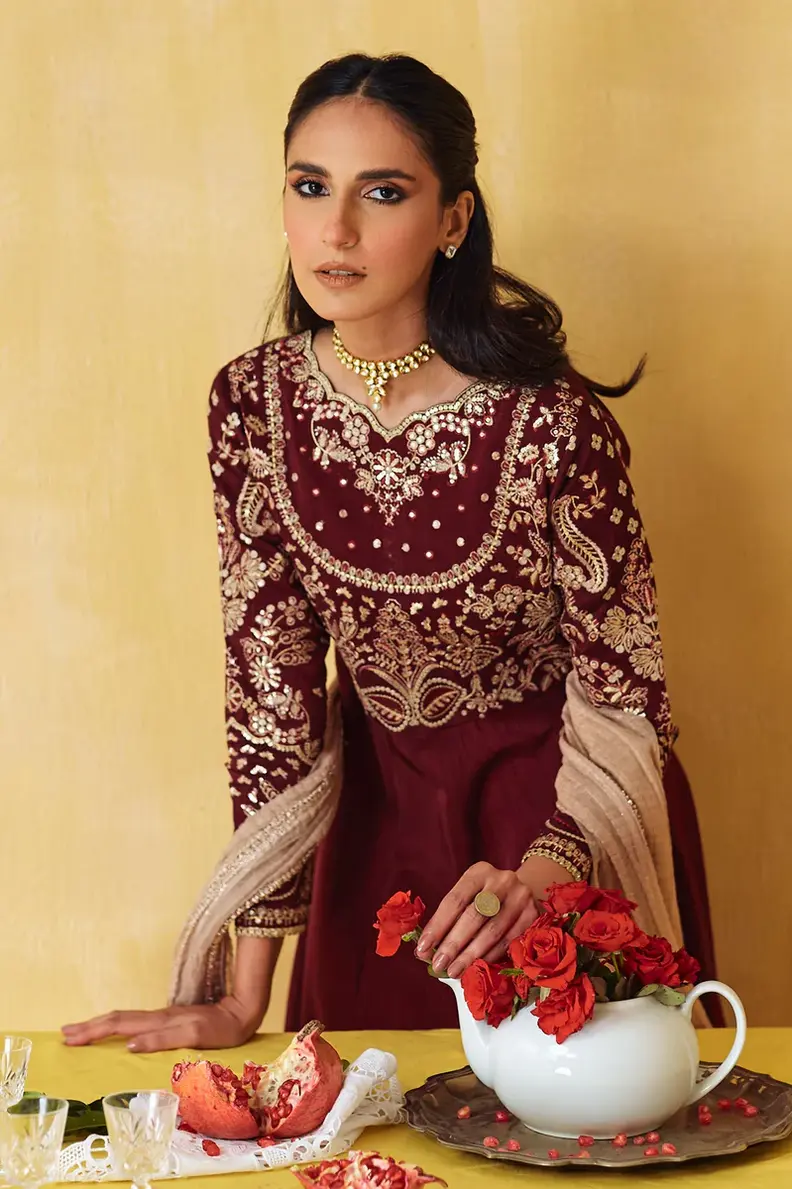 Pakistani Brand Baroque's Maroon Silk Maxi Outfit for Baraat, Walima, Reception, Eid, Indian Wedding