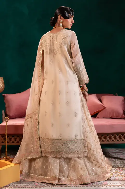 Naqshi Beige Organza Shirt + Lehenga + Dupatta