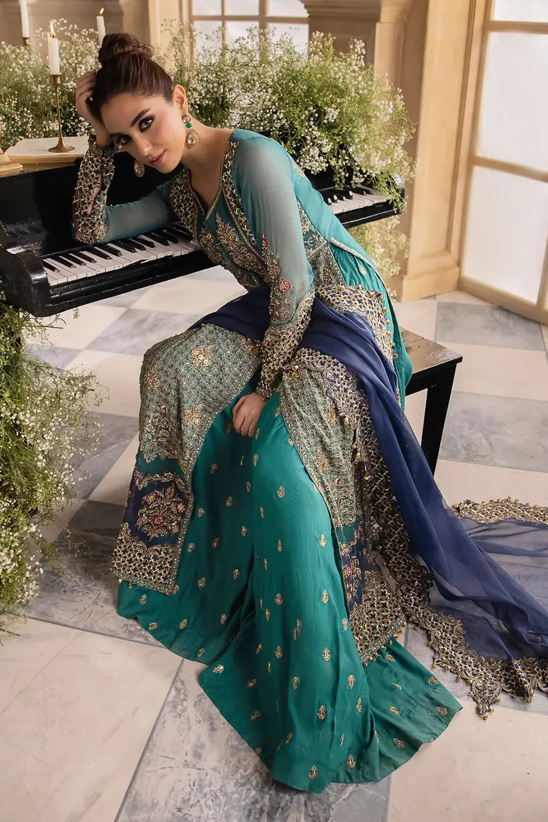 Pakistani Brand Charizma's Beetle Green & Blue Embellished Long Shirt Outfit with a Palazzo Trouser or Wedding Lehenga;