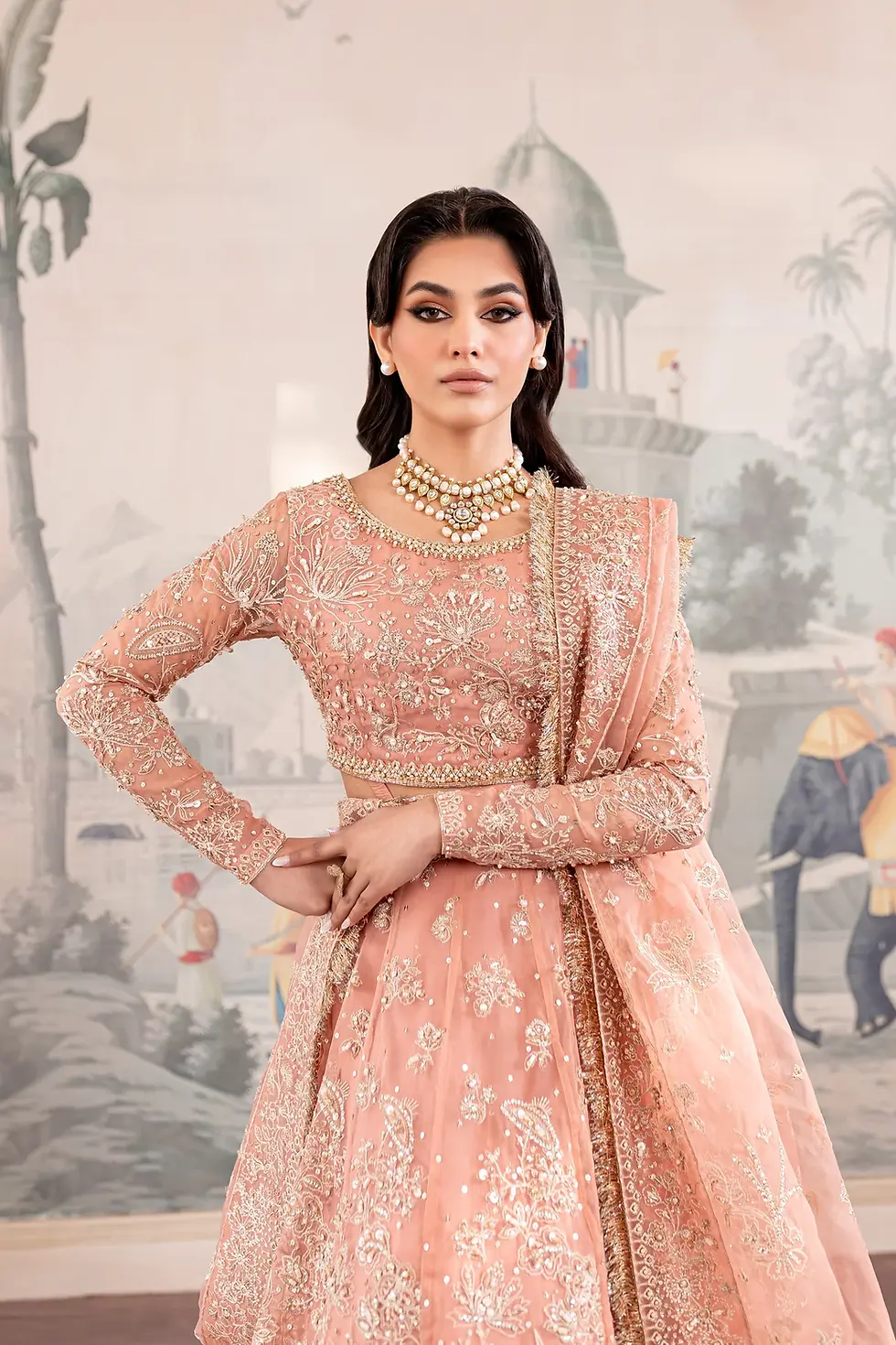 Pakistani Brand Batik's Peach Embellished Organza Bridal Lehenga Choli with Dupatta