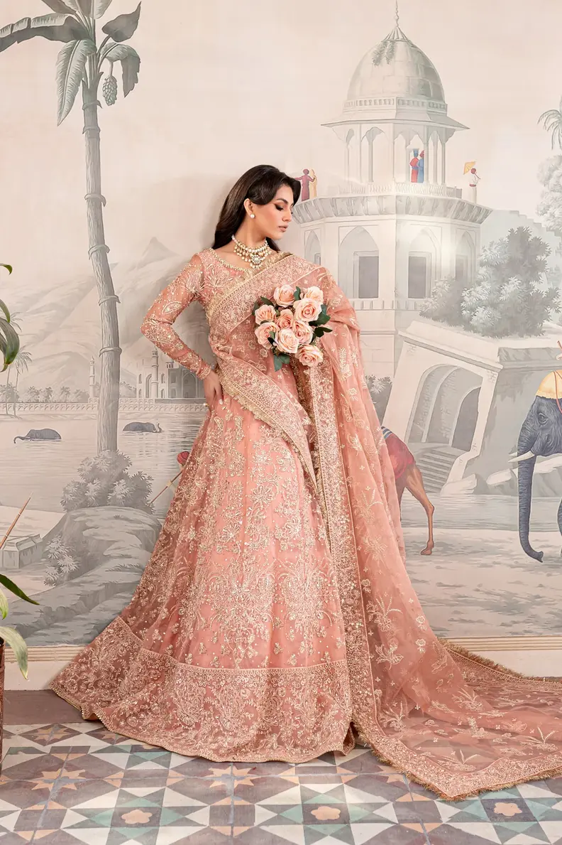 Pakistani Brand Batik's Peach Embellished Organza Bridal Lehenga Choli with Dupatta