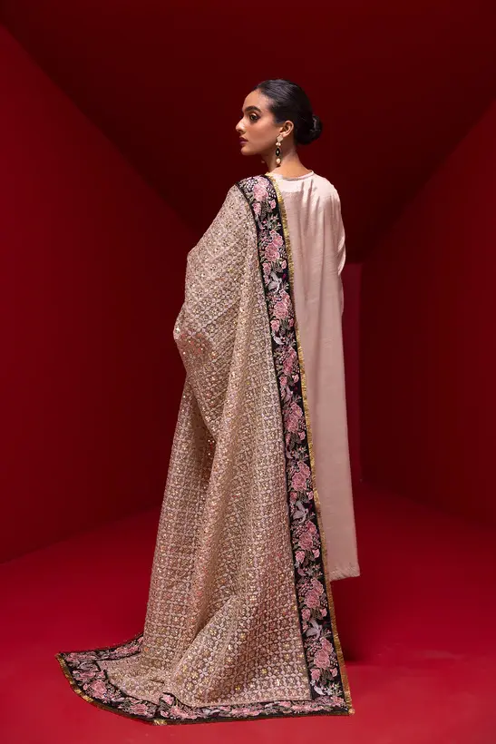 Pakistani Brand Ethnic's Gold Silk Suit with Shirt, Trouser & Dupatta for Nikah, Mehndi & Reception