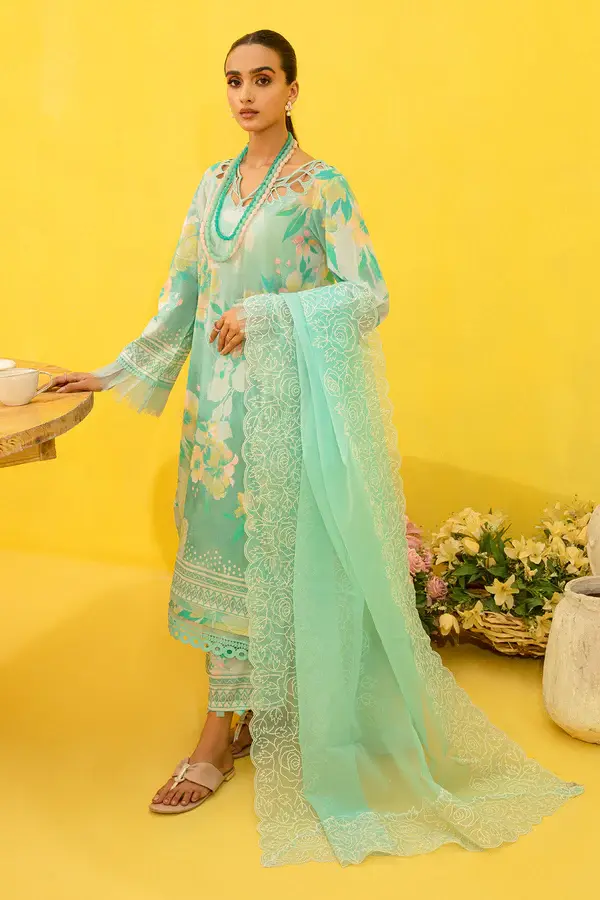 Pakistani Brand Nureh's Pastel Blue Floral Printed Lawn Suit, Kurta Shalwar, Kurta Salwar