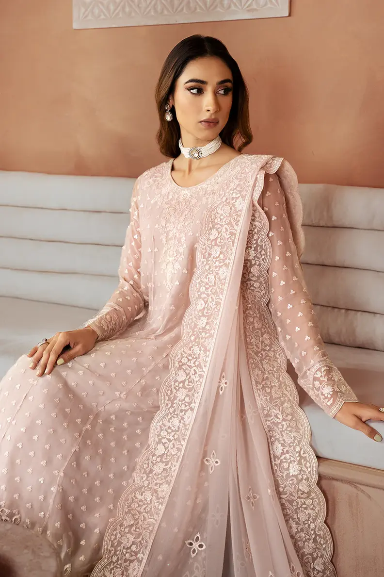 Pakistani Brand Iznik's Powder Pink Chiffon Embroidered Maxi with Dupatta