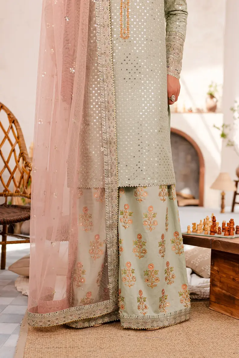 Pakistani Brand Batik's Sage Green Egyptian Cotton Outfit for Eid, Diwali, Karwa Chauth, Mehndi, Haldi, Party Wear