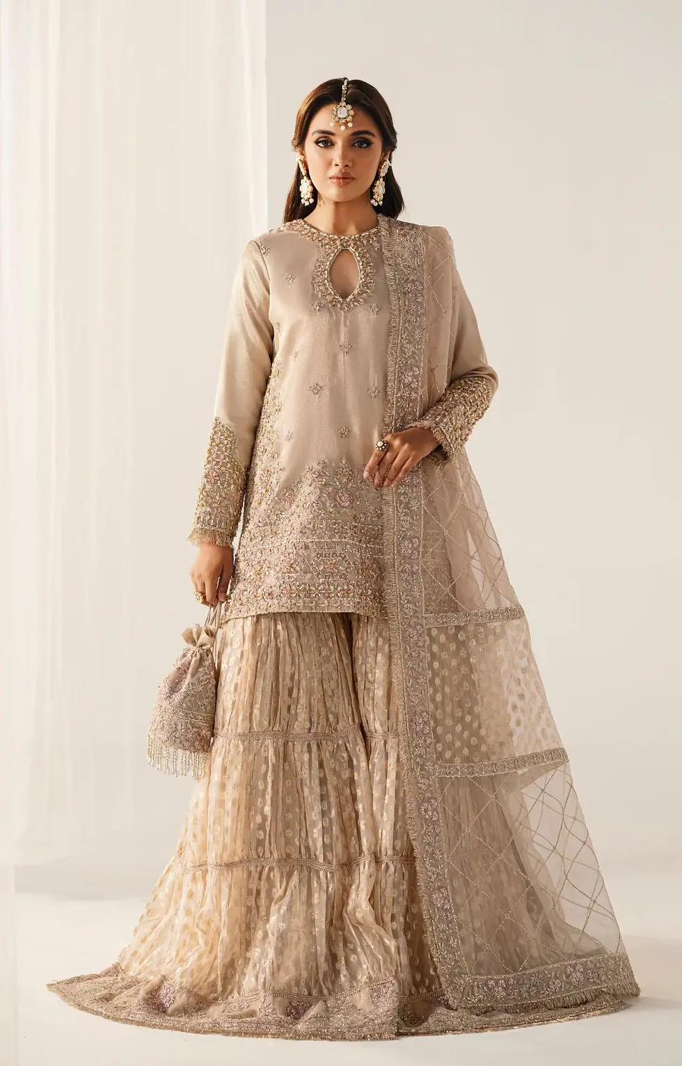 Inayat Gold Tissue Shirt + Sharara +Dupatta