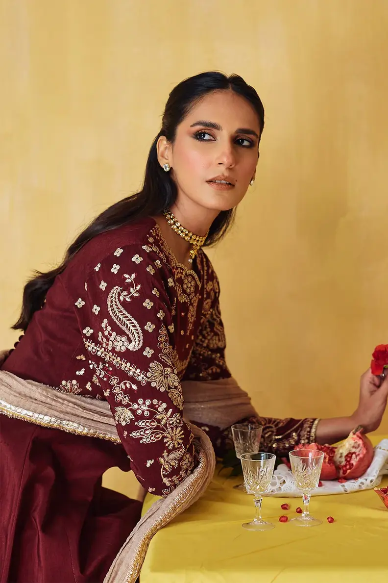 Pakistani Brand Baroque's Maroon Silk Maxi Outfit for Baraat, Walima, Reception, Eid, Indian Wedding