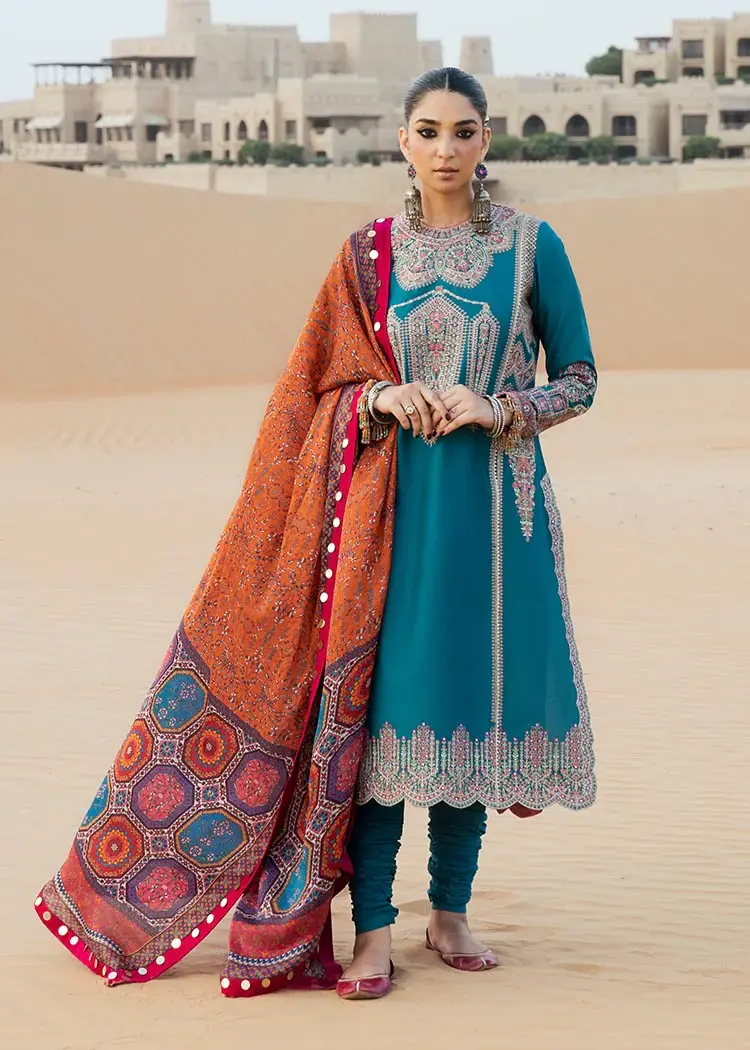 Hussain Rehar's Pakistani Blue Lawn Suit, Kurta Shawlwar or Kurta Salwar