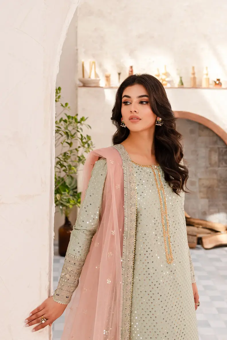 Pakistani Brand Batik's Sage Green Egyptian Cotton Outfit for Eid, Diwali, Karwa Chauth, Mehndi, Haldi, Party Wear