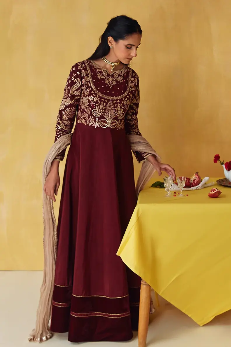 Pakistani Brand Baroque's Maroon Silk Maxi Outfit for Baraat, Walima, Reception, Eid, Indian Wedding