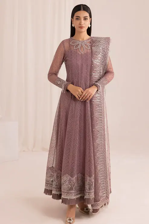 Pakistani Brand Jazmin's Copper Rose Embellished Net Maxi Outfit with Trouser & Dupatta