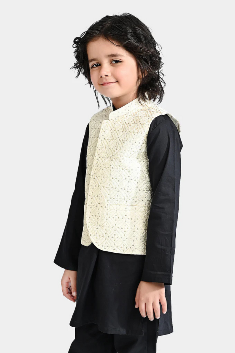 Bachaa Party Blue Kurta + Off-White WaistCoat + White Trouser