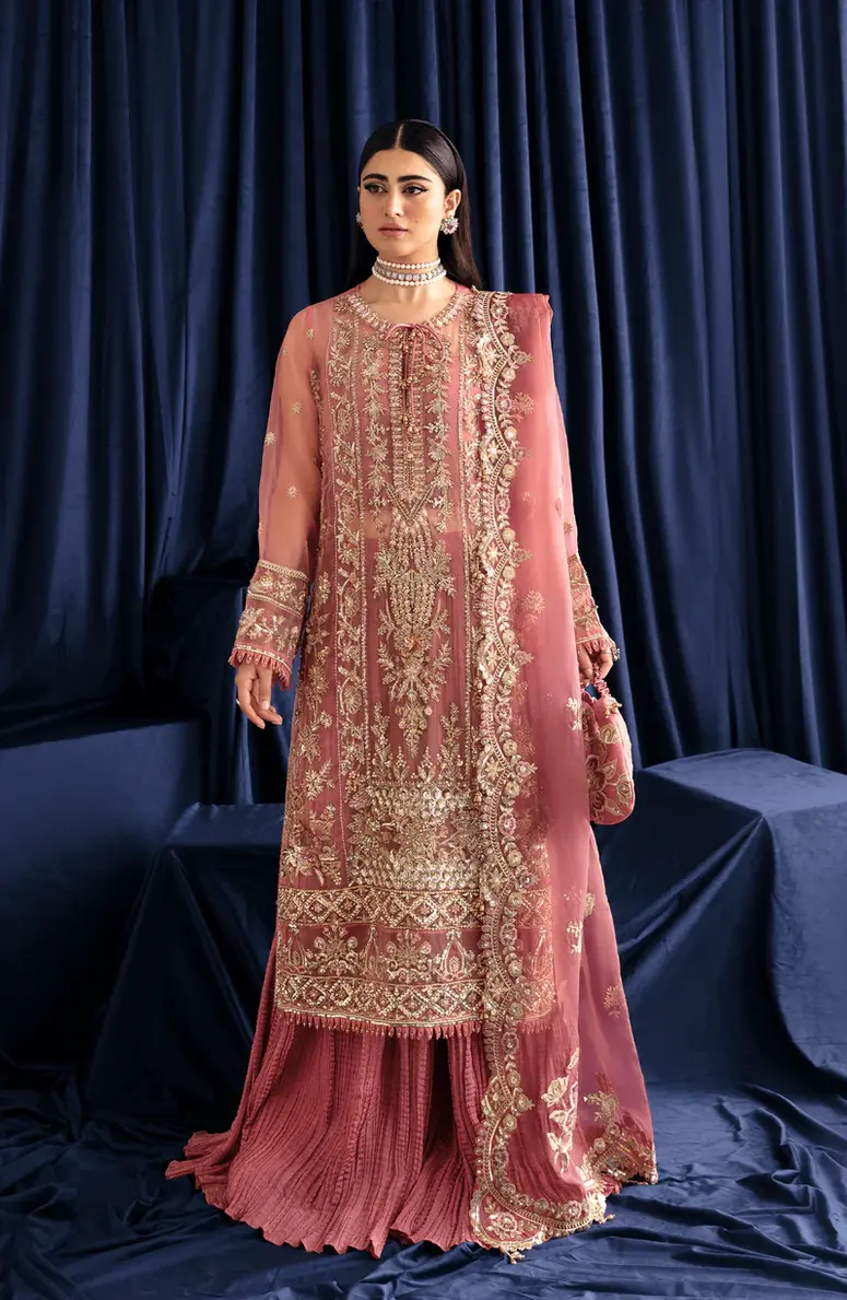 Fabiha Fatima's Light Carmine Pink Organza Embellished Outfit for Pakistani Wedding, Reception, Nikah, Indian Wedding