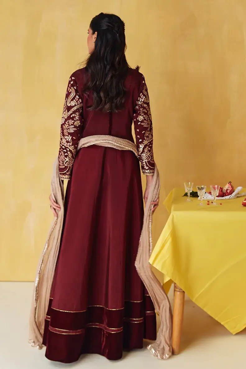Pakistani Brand Baroque's Maroon Silk Maxi Outfit for Baraat, Walima, Reception, Eid, Indian Wedding