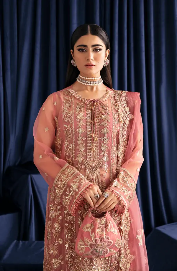 Fabiha Fatima's Light Carmine Pink Organza Embellished Outfit for Pakistani Wedding, Reception, Nikah, Indian Wedding
