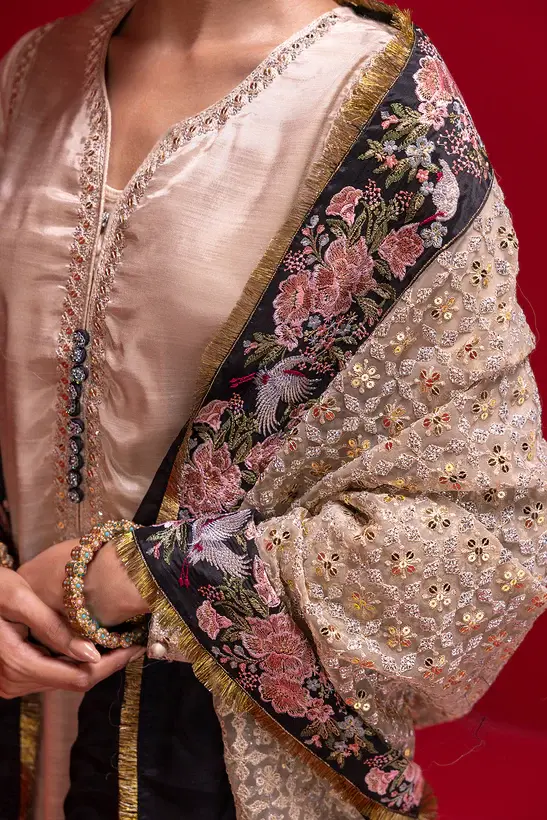 Pakistani Brand Ethnic's Gold Silk Suit with Shirt, Trouser & Dupatta for Nikah, Mehndi & Reception