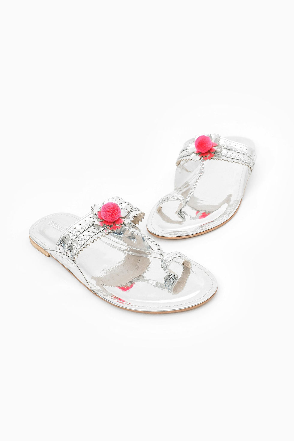 Pakistani Brand Ethnic's Silver Pom Pom Kolhapuri, Silver Sandals with Pink Poms Poms, Beach Wear, Prom Shoes