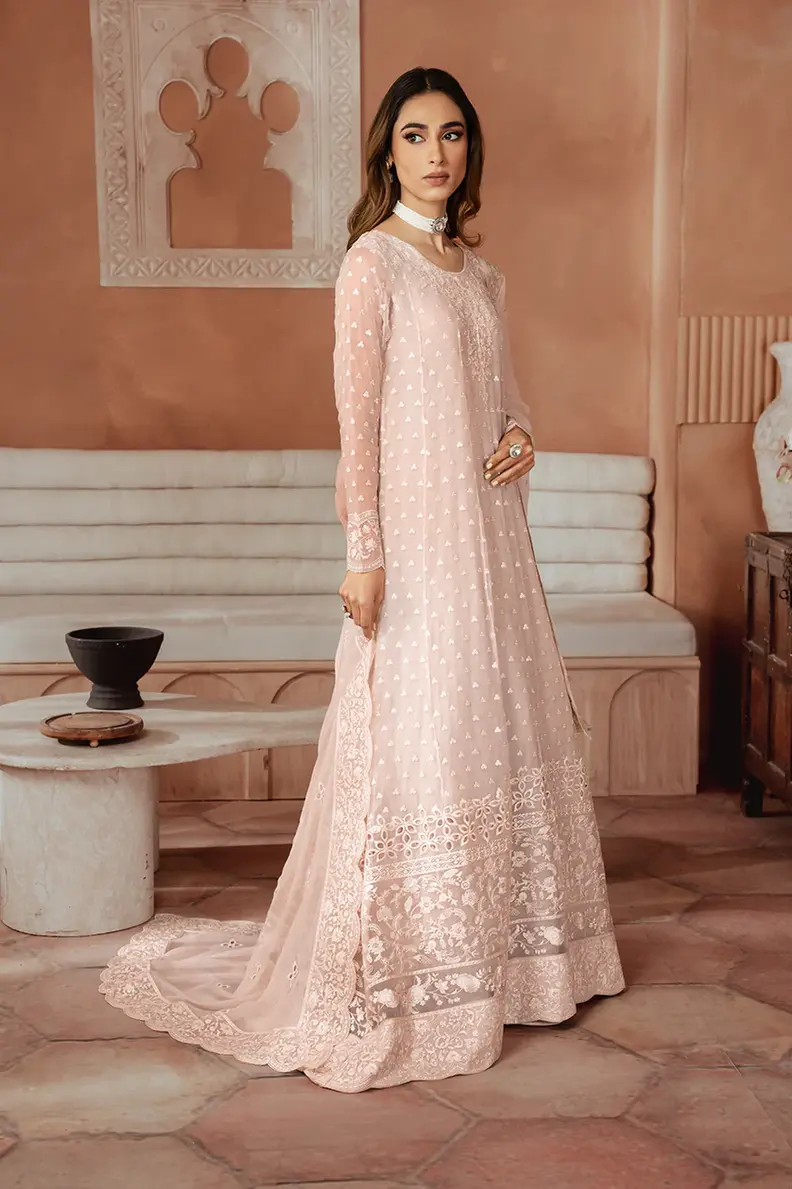 Pakistani Brand Iznik's Powder Pink Chiffon Embroidered Maxi with Dupatta