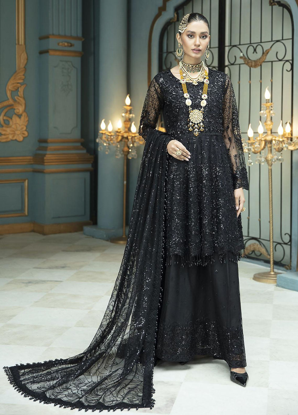 Pakistani Brand Serika Formal's Black Peplum Outfit with Lehenga & Dupatta