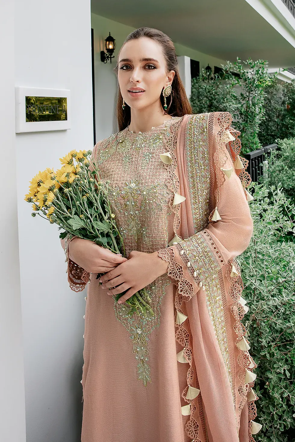 Saad Shaikh Peach Cotton Net Embroidered Palazzo Outfit with Long Shirt & Dupatta