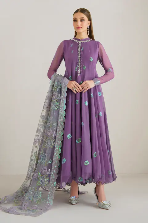 Pakistani purple chiffon frock with intricate hand embroidery, perfect for wedding wear, Nikah, reception, and Eid celebrations – available in Canada & USA.