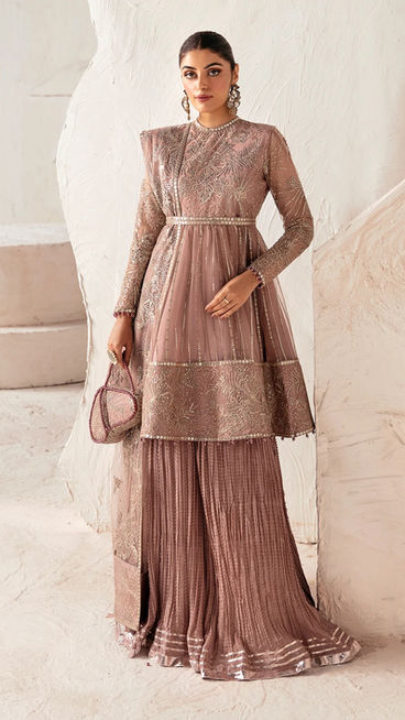 Pakistani net frock in blush rose – embroidered designer formal dress with palazzo and dupatta. Perfect for Eid, Sangeet, bridal showers, and weddings in Canada & USA.