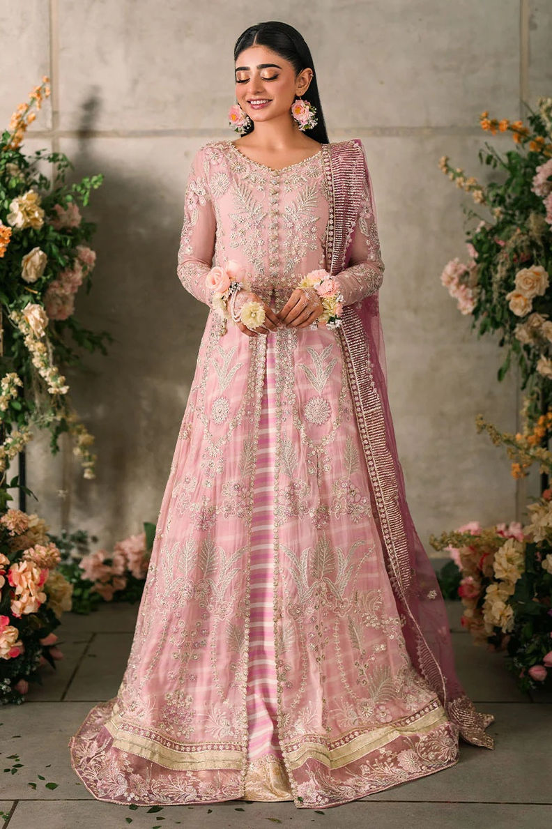 Mushq Bubble Pink Chiffon Gown + Lehenga + Dupatta