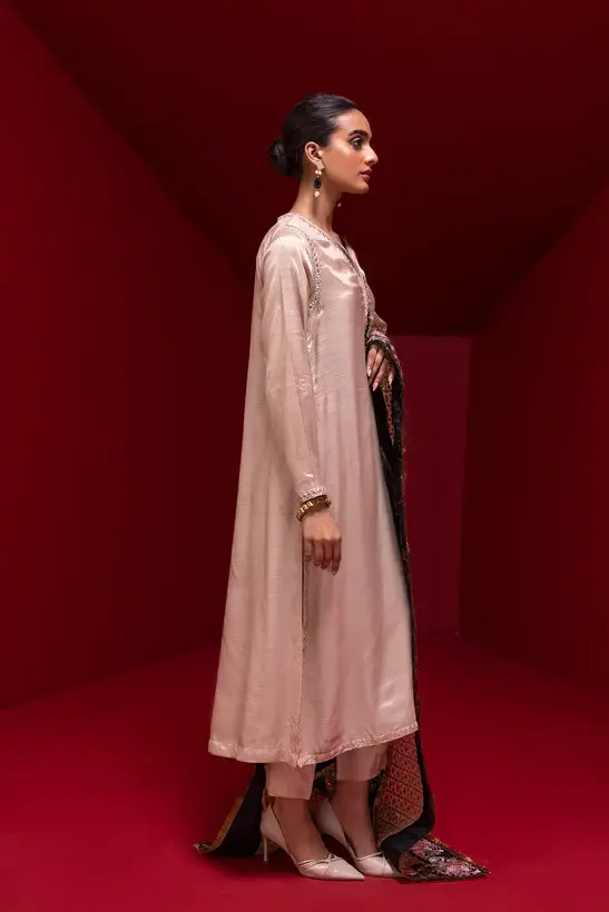 Pakistani Brand Ethnic's Gold Silk Suit with Shirt, Trouser & Dupatta for Nikah, Mehndi & Reception