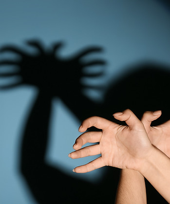 Woman making shadow spider with her hands on color background.jpg