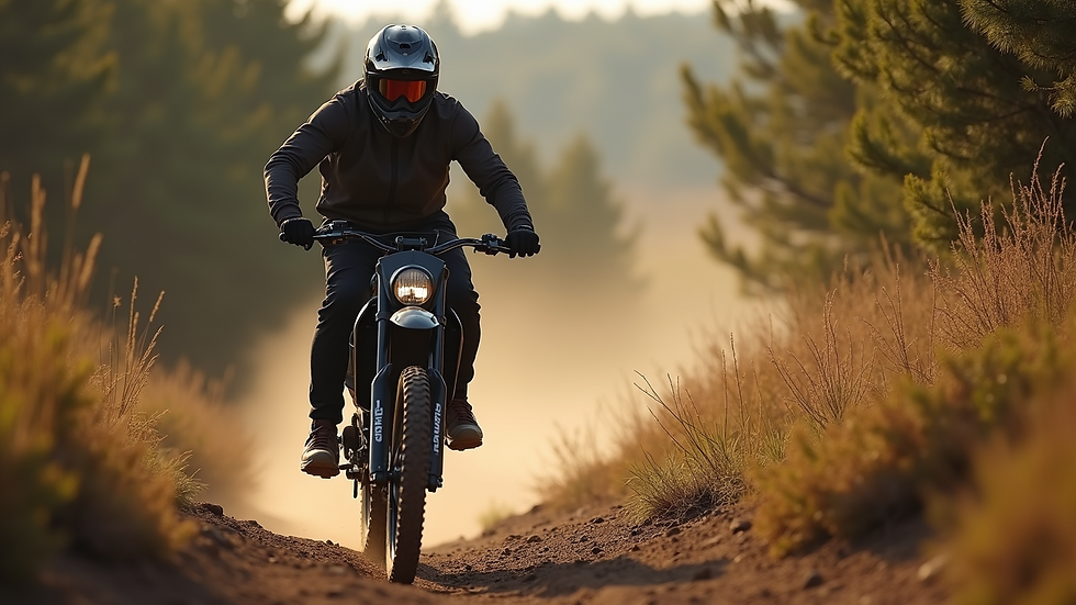 Close-up view of an electric dirt bike on a dirt trail