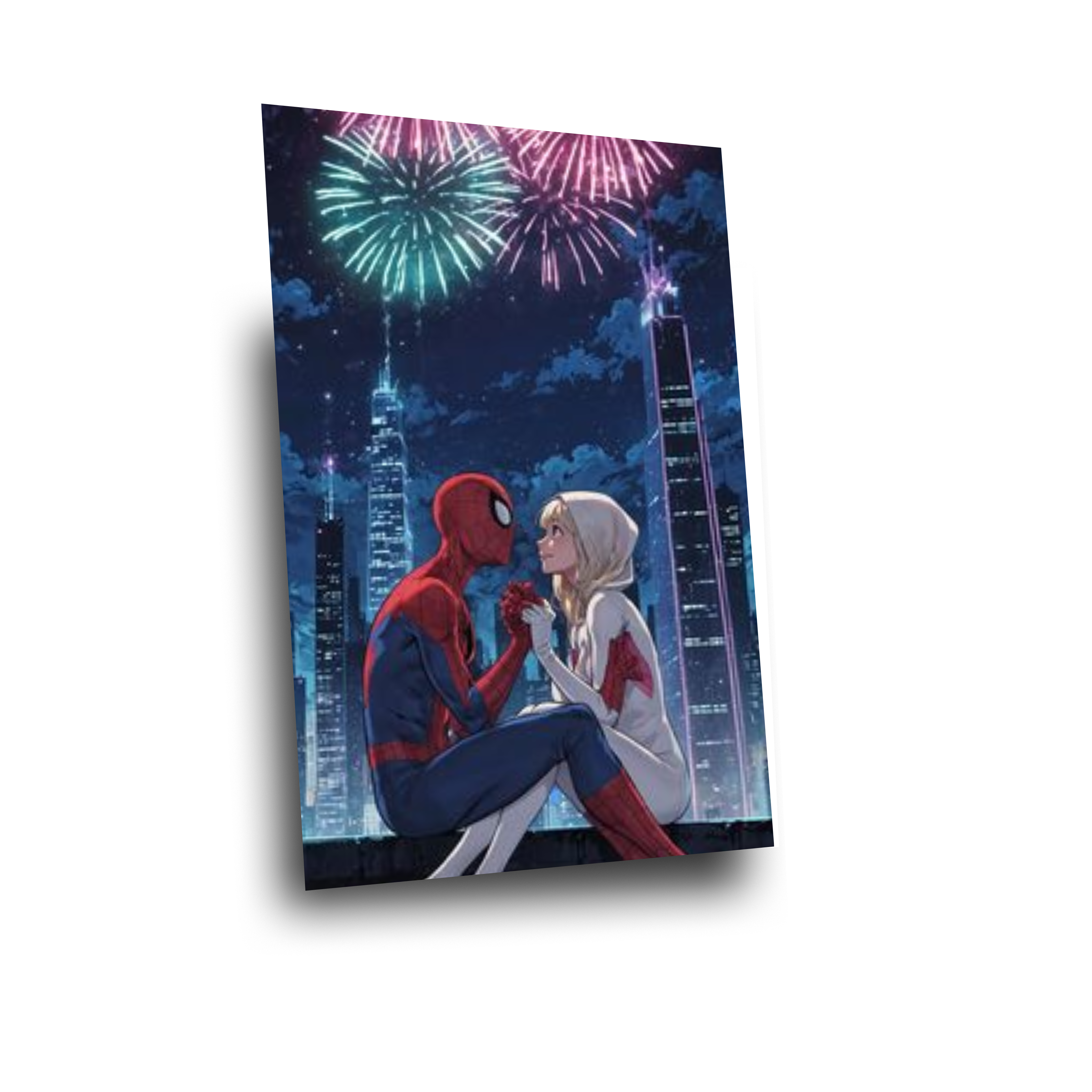 Romantic Hero Couple Poster | Night City Fireworks Art | metalcrew