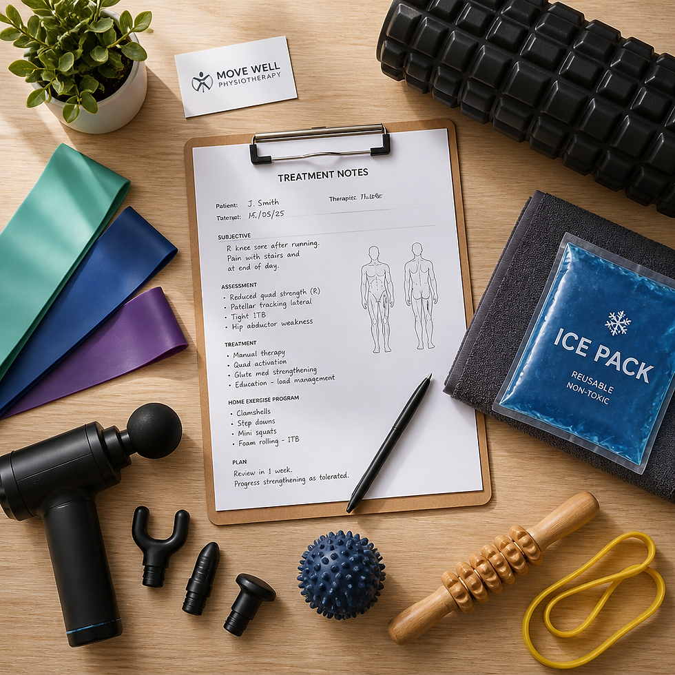 Physiotherapy equipment and treatment tools arranged on a table