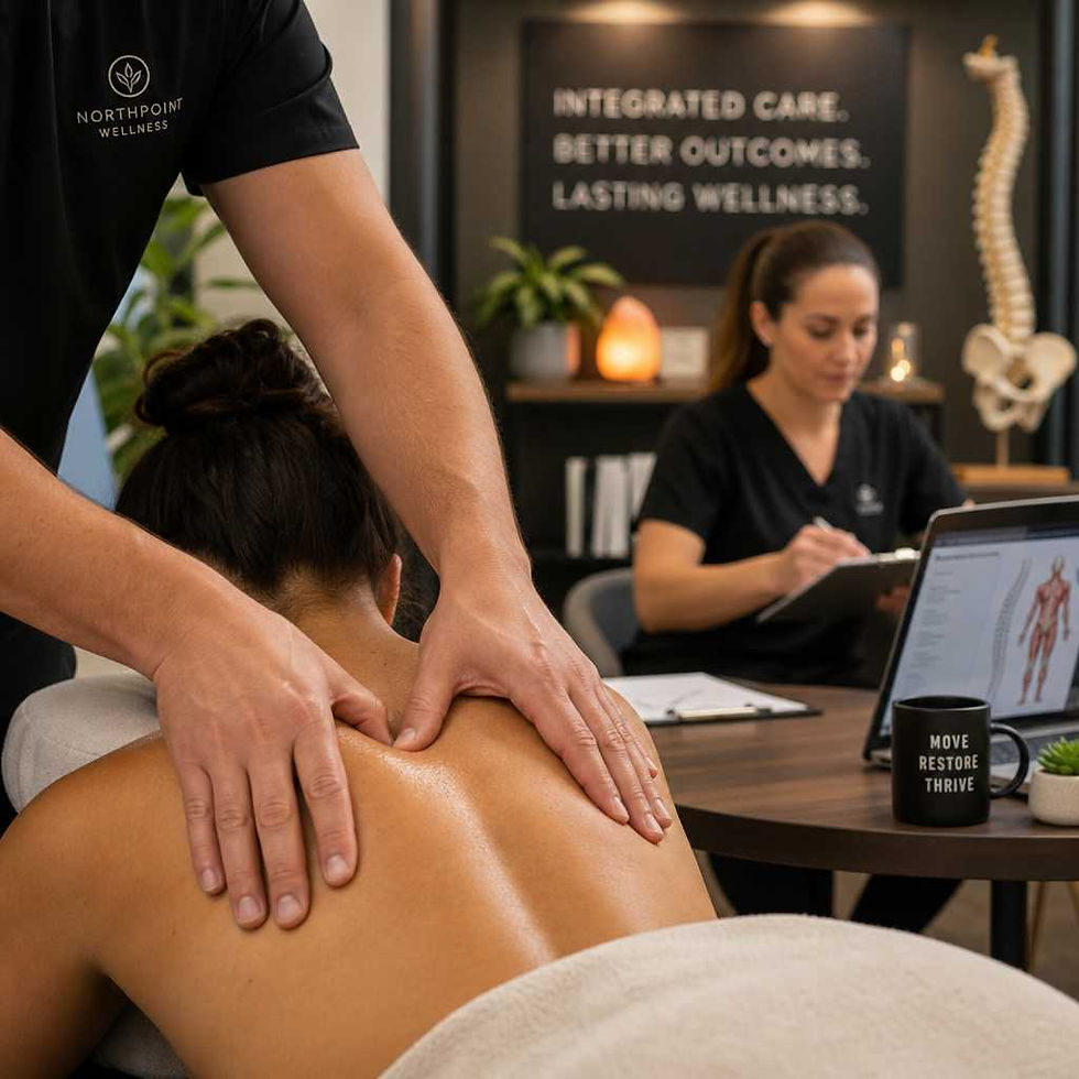 Massage therapist providing treatment while physiotherapist reviews patient records, showing integrated care coordination
