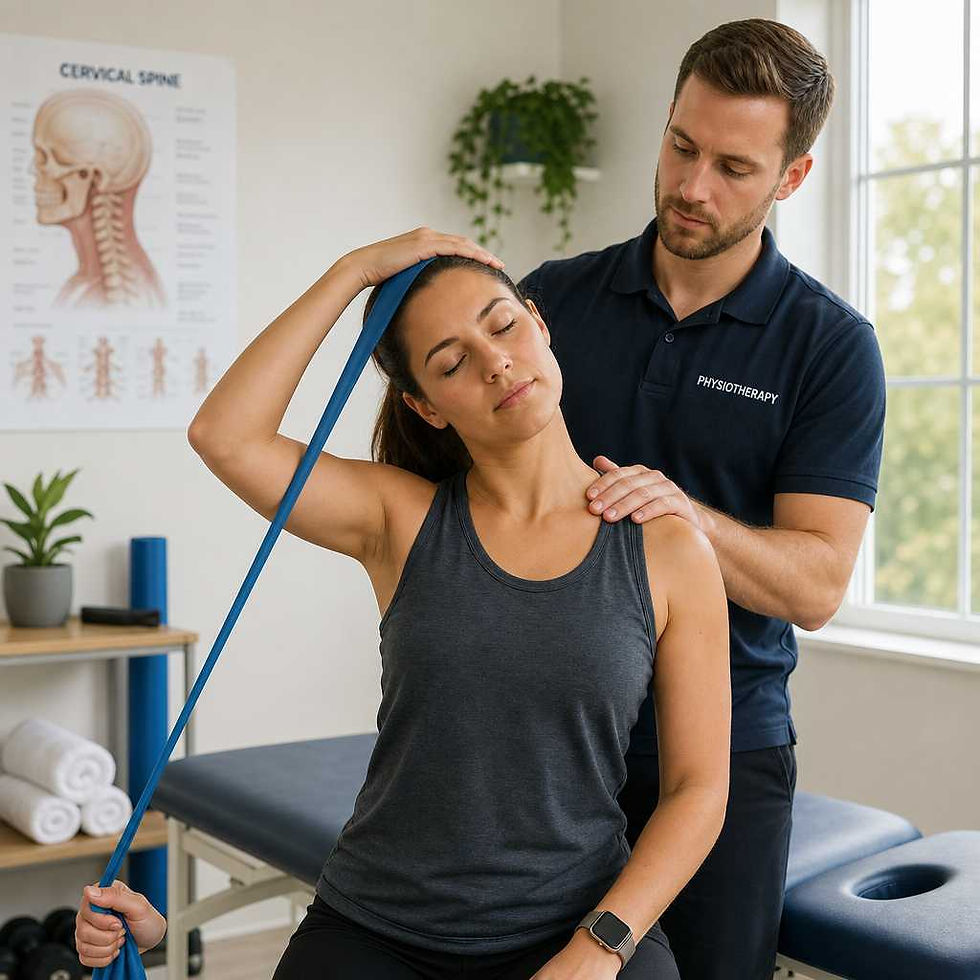 Patient completing supervised neck strengthening exercises during whiplash rehabilitation